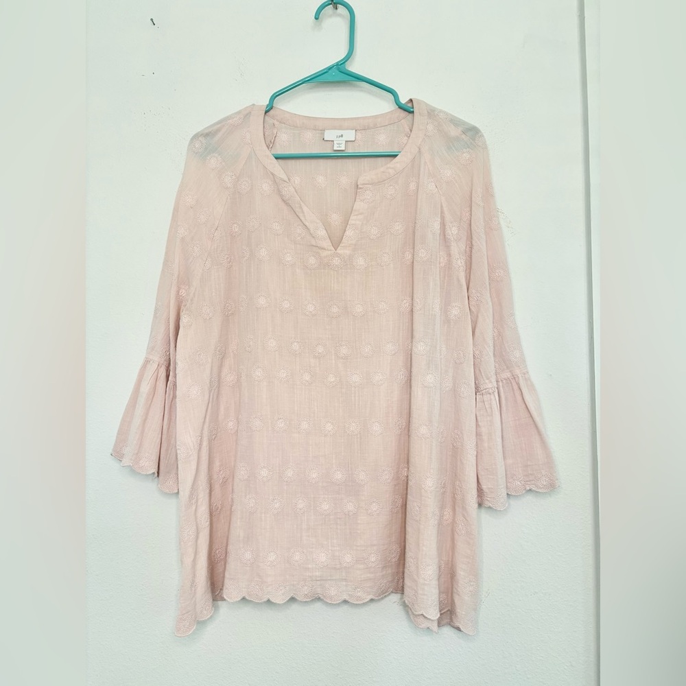 J.JILL BABY PINK EMBROIDERED FLARE SLEEVE BLOUSE SZ LARGE PETITE